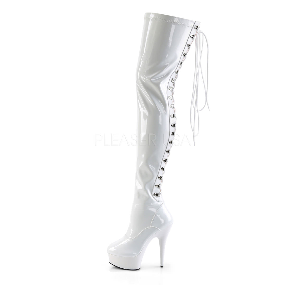 PLEASER DELIGHT 3063 White Stretch Pat Lace Up Back Thigh High