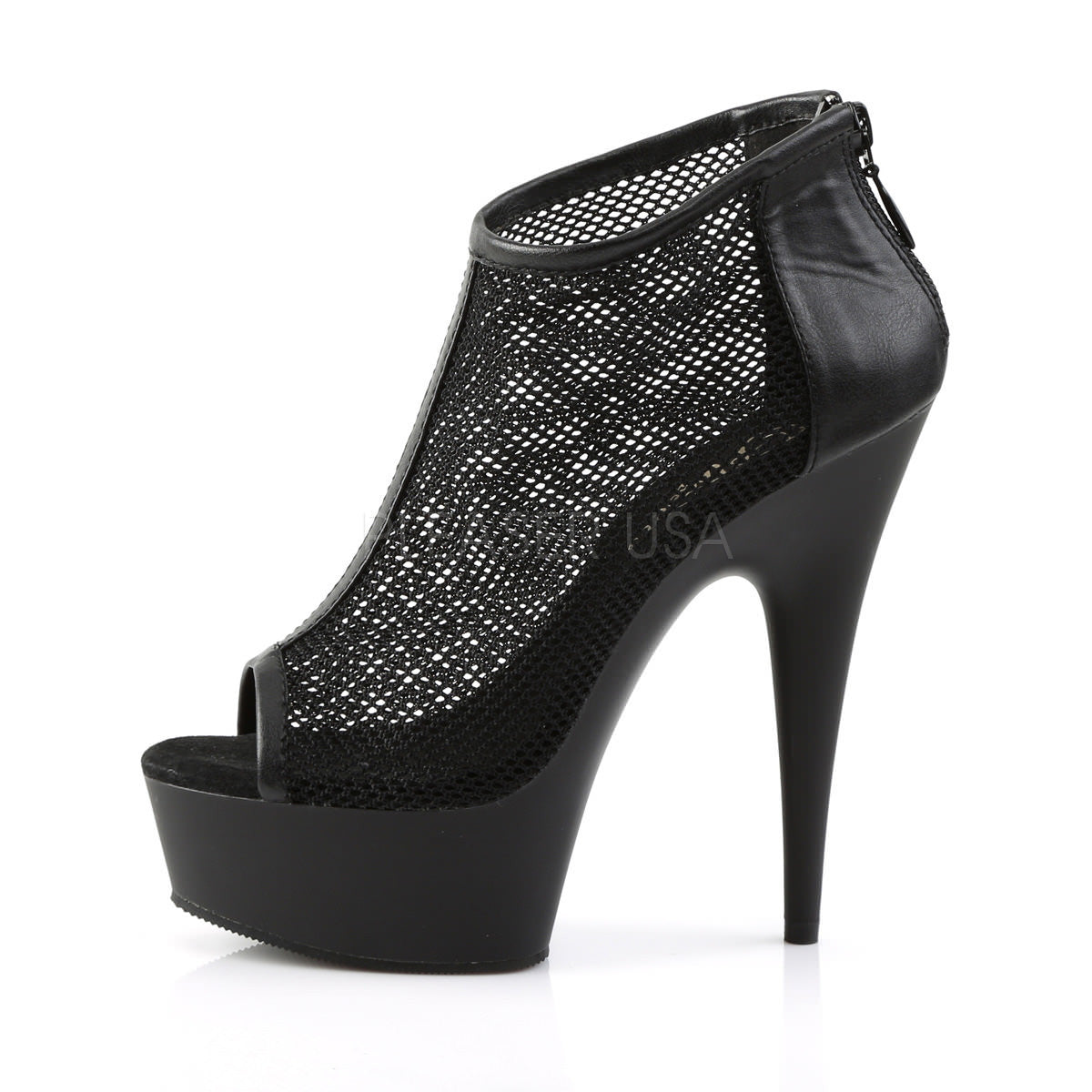 Pleaser DELIGHT-600-12 Black Faux Leather-Fishnet Mesh Boots