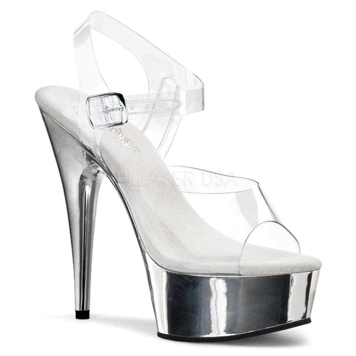 PLEASER DELIGHT-608 Clear-Silver Chrome Ankle Strap Sandals - Shoecup.com