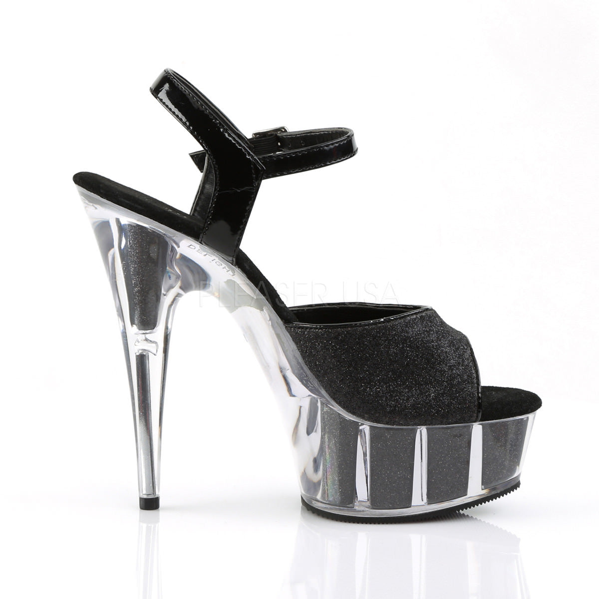 PLEASER DELIGHT-609-5G Black Glitter-Black Glitter Ankle Strap Sandals