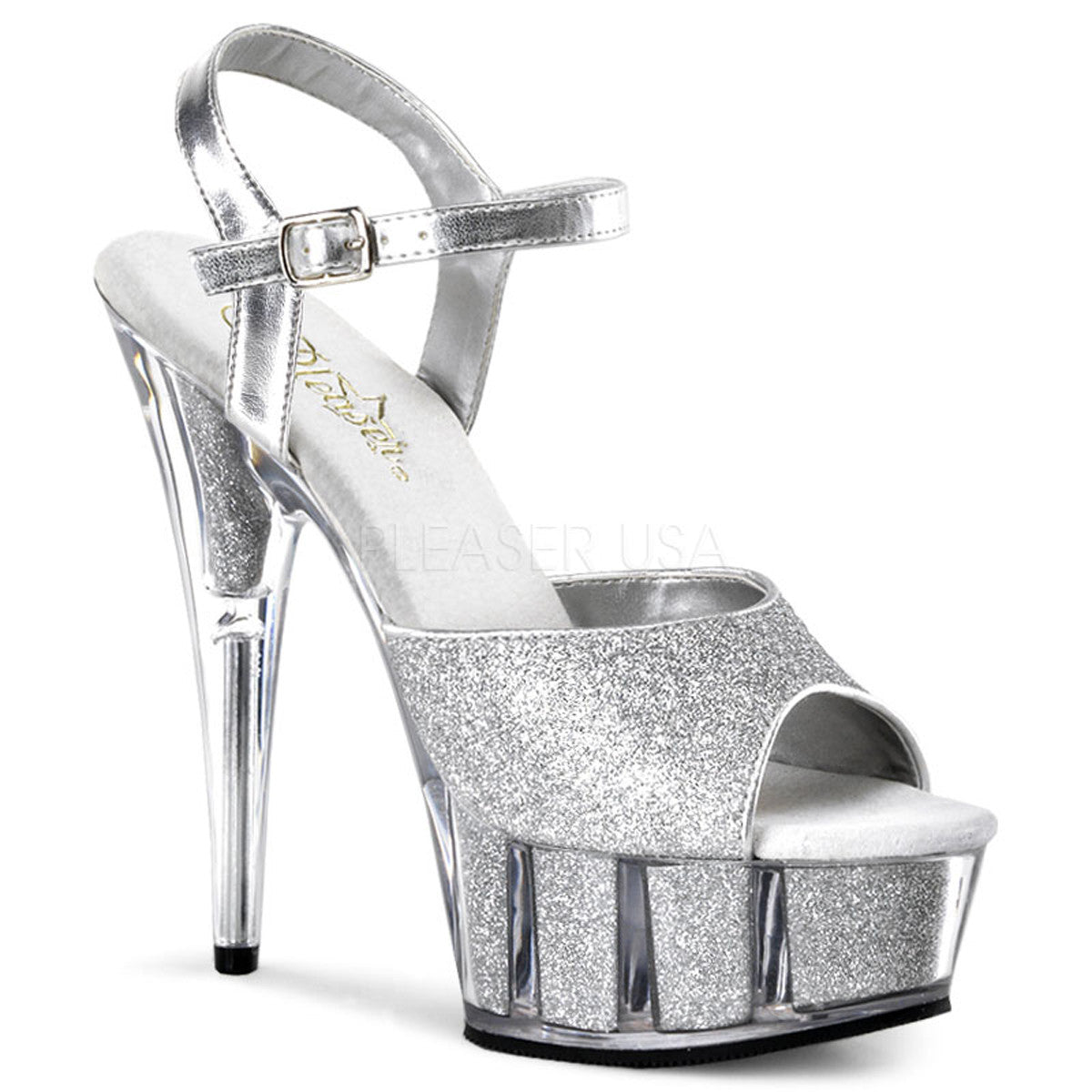 PLEASER DELIGHT-609-5G Silver Glitter-Silver Glitter Ankle Strap Sandals - Shoecup.com