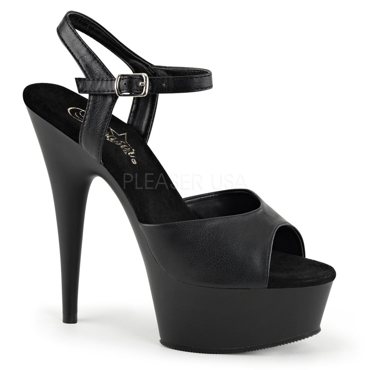 Pleaser DELIGHT-609 Black Faux Leather Ankle Strap Sandals With Black Matte Platform - Shoecup.com