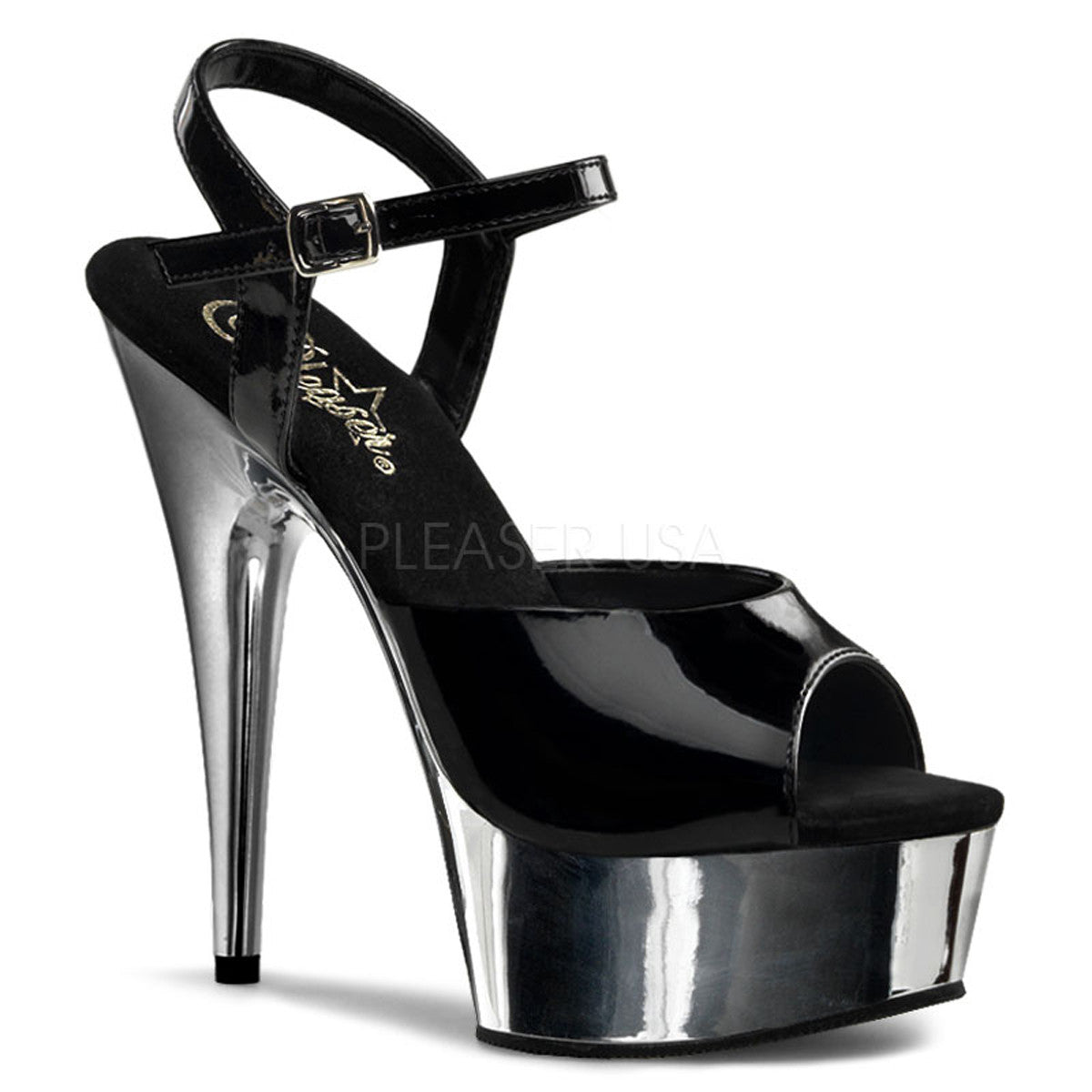 PLEASER DELIGHT-609 Black-Silver Chrome Ankle Strap Sandals - Shoecup.com
