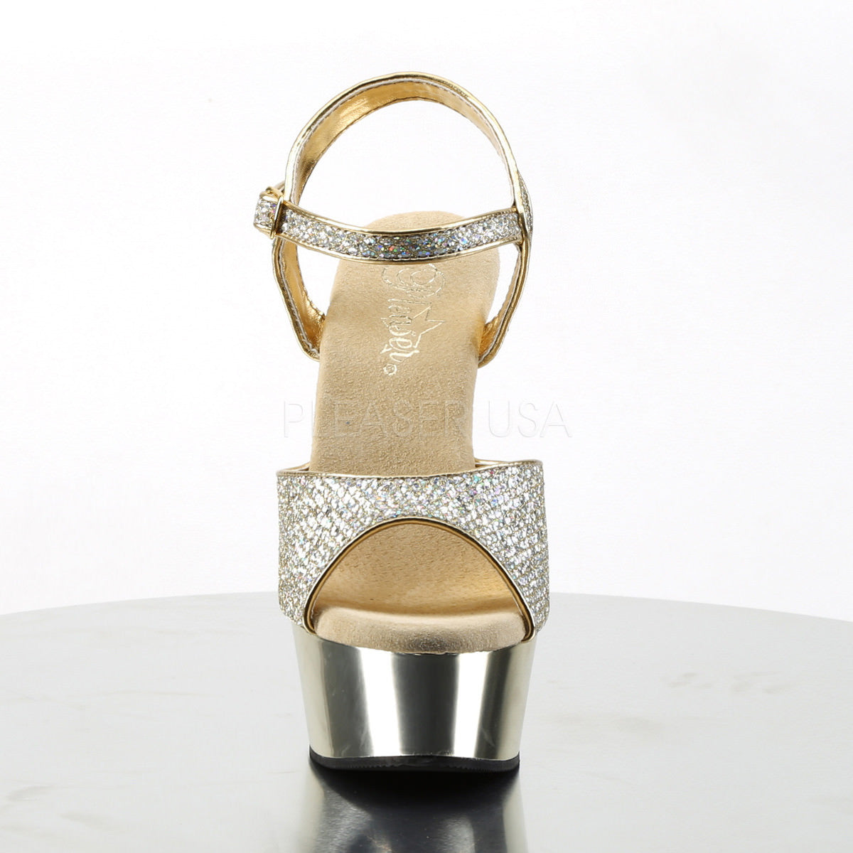 PLEASER DELIGHT-609G Gold Multi Glitter-Gold Chrome Ankle Strap Sandals