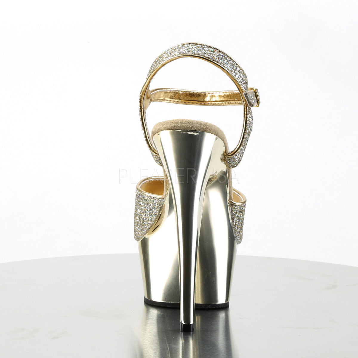 PLEASER DELIGHT-609G Gold Multi Glitter-Gold Chrome Ankle Strap Sandals