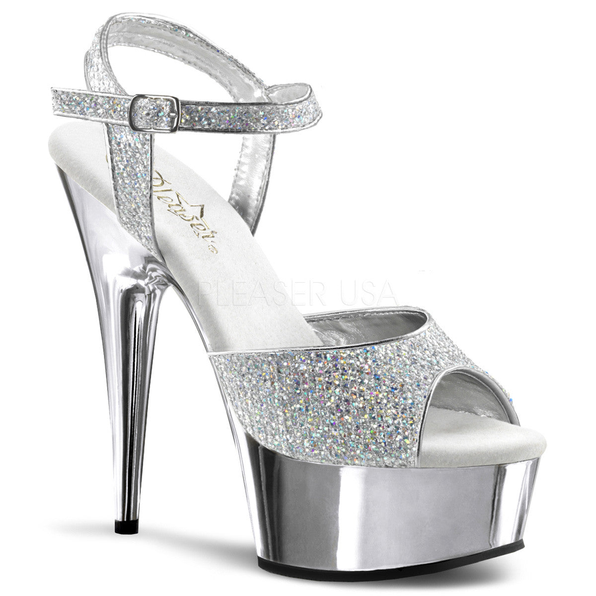PLEASER DELIGHT-609G Silver Multi Glitter-Silver Chrome Ankle Strap Sandals - Shoecup.com