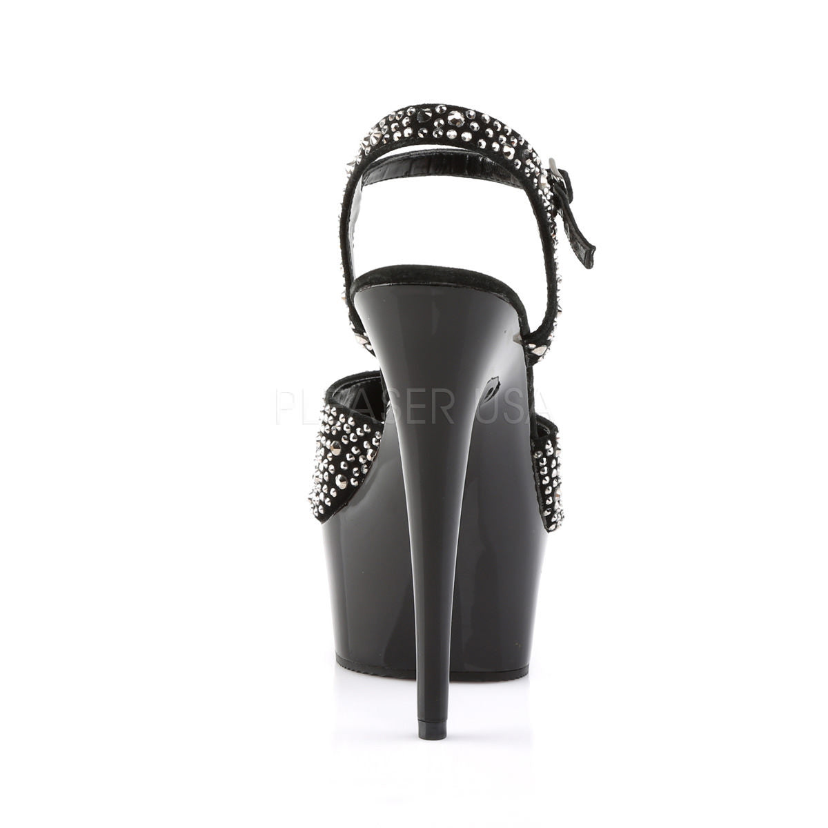 PLEASER DELIGHT-609RS Black Suede-Pewter Rhinestone- Black Ankle Strap Sandals