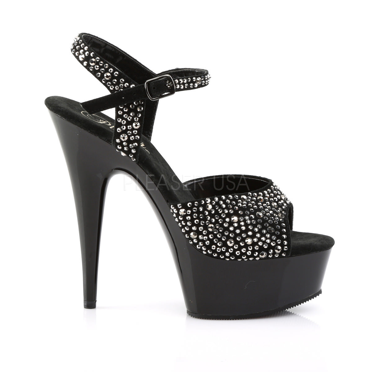 PLEASER DELIGHT-609RS Black Suede-Pewter Rhinestone- Black Ankle Strap ...