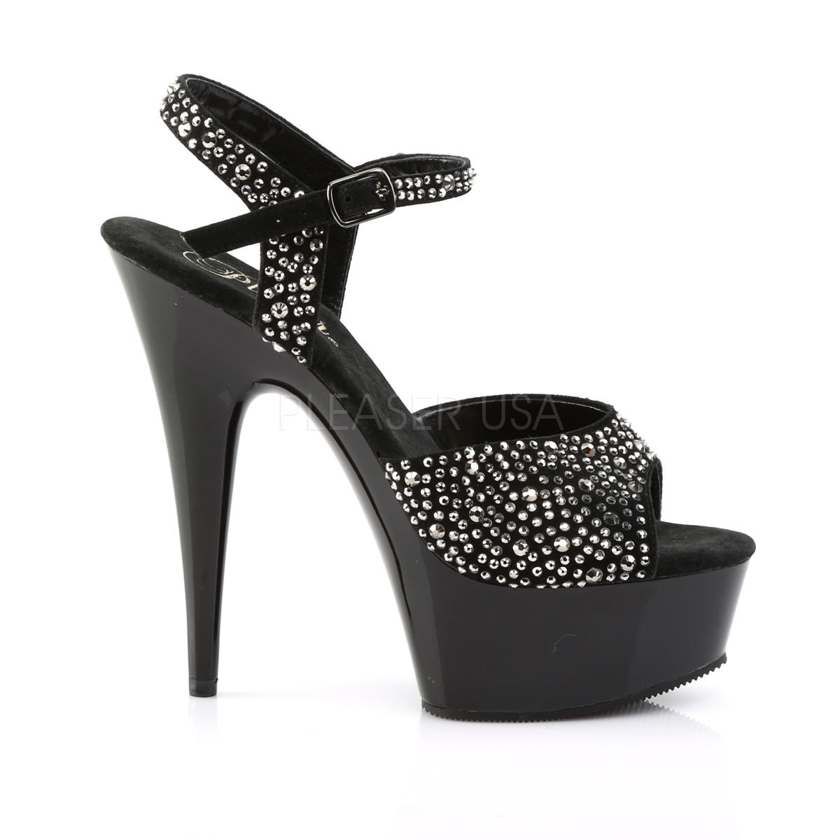 PLEASER DELIGHT 609RS Black Suede Pewter Rhinestone Black Ankle