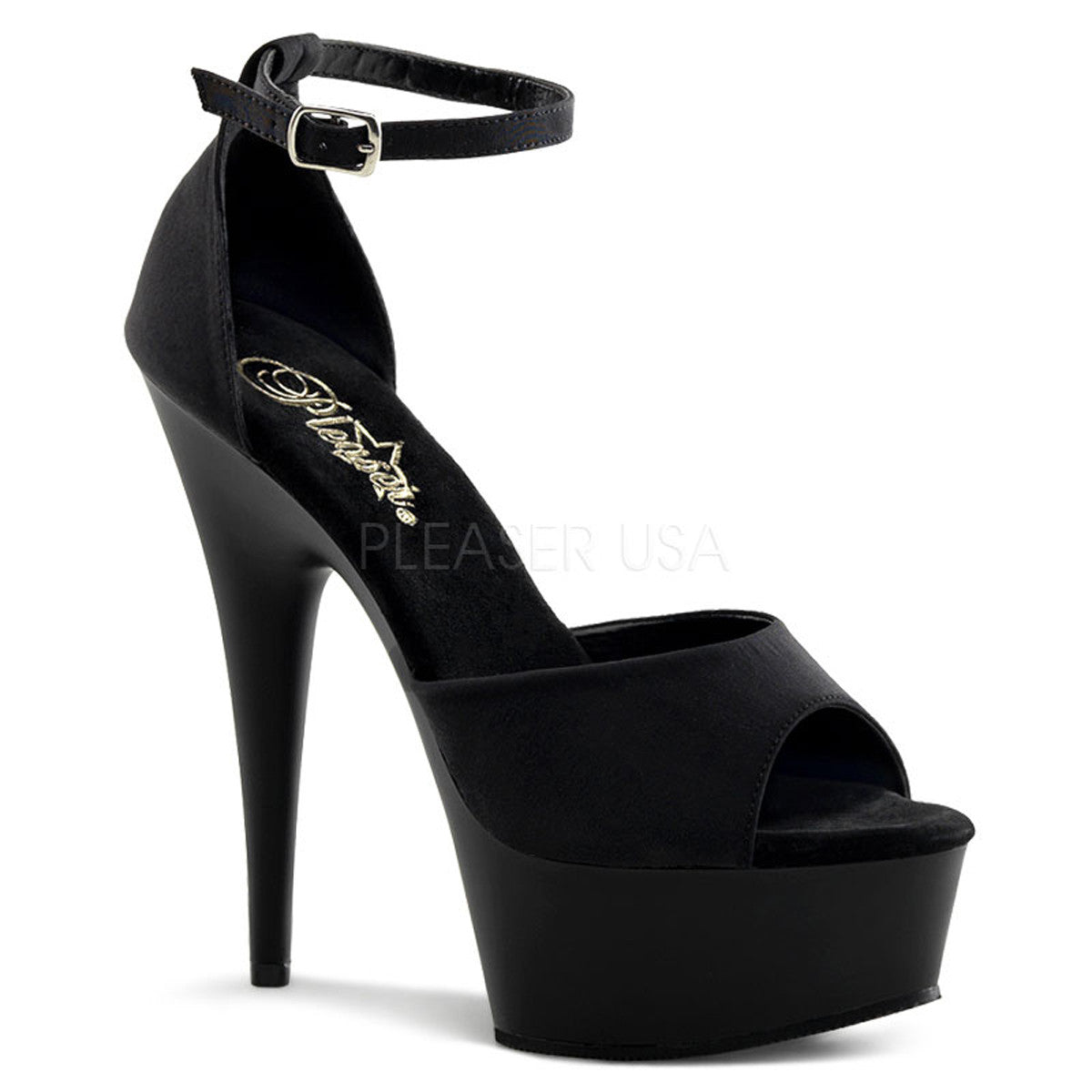 PLEASER DELIGHT-618PS Black Peau de Soie- Black Matte Ankle Strap Sandals - Shoecup.com