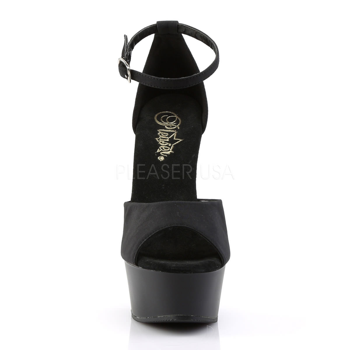 PLEASER DELIGHT-618PS Black Peau de Soie- Black Matte Ankle Strap Sandals