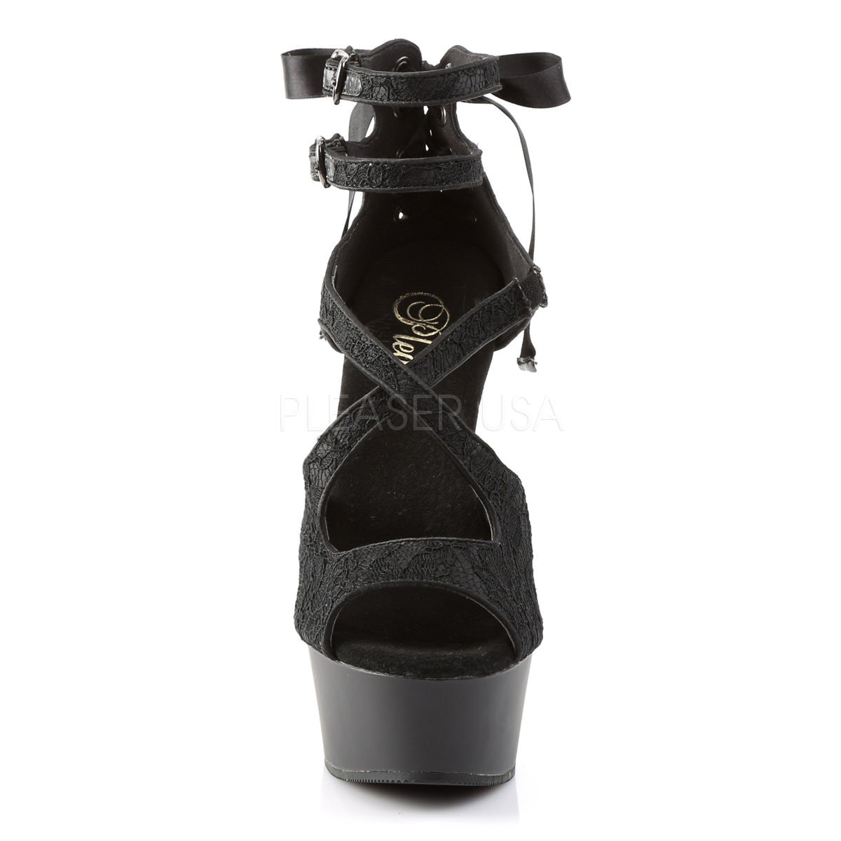 PLEASER DELIGHT-678LC Black Satin-Lace-Black Matte Ankle Strap Sandals