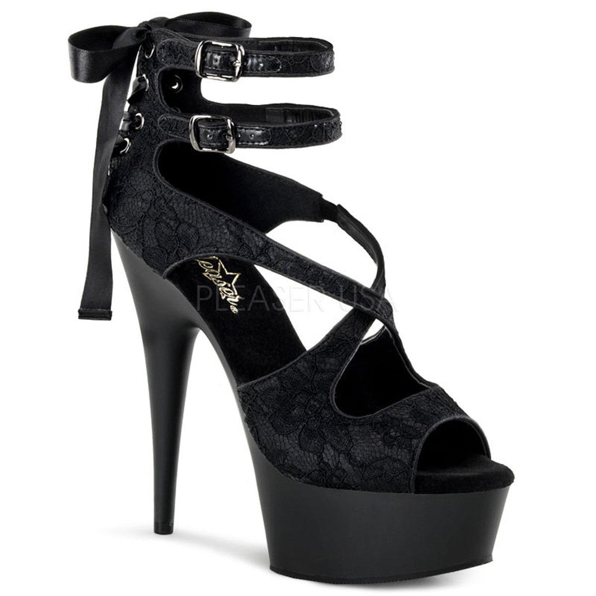 PLEASER DELIGHT-678LC Black Satin-Lace-Black Matte Ankle Strap Sandals - Shoecup.com