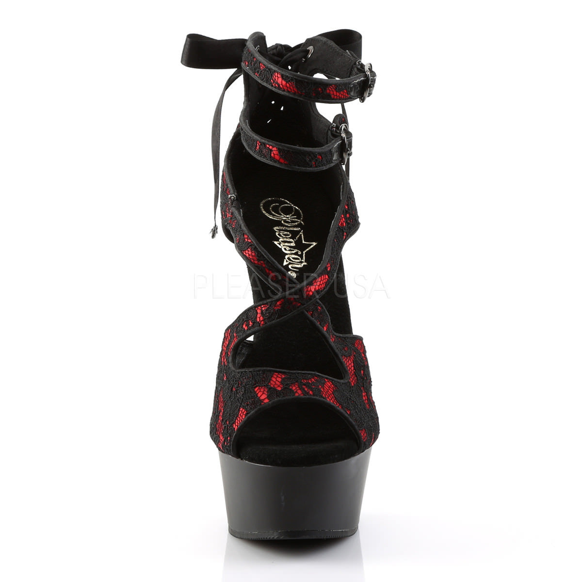 PLEASER DELIGHT-678LC Red Satin-Lace-Black Matte Ankle Strap Sandals