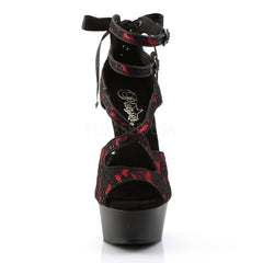 PLEASER DELIGHT-678LC Red Satin-Lace-Black Matte Ankle Strap Sandals