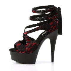 PLEASER DELIGHT-678LC Red Satin-Lace-Black Matte Ankle Strap Sandals