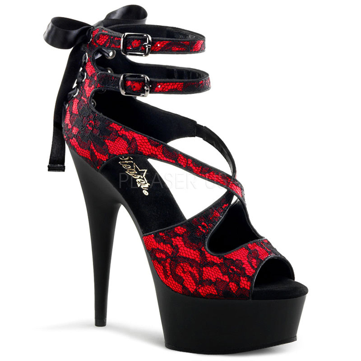 PLEASER DELIGHT-678LC Red Satin-Lace-Black Matte Ankle Strap Sandals - Shoecup.com