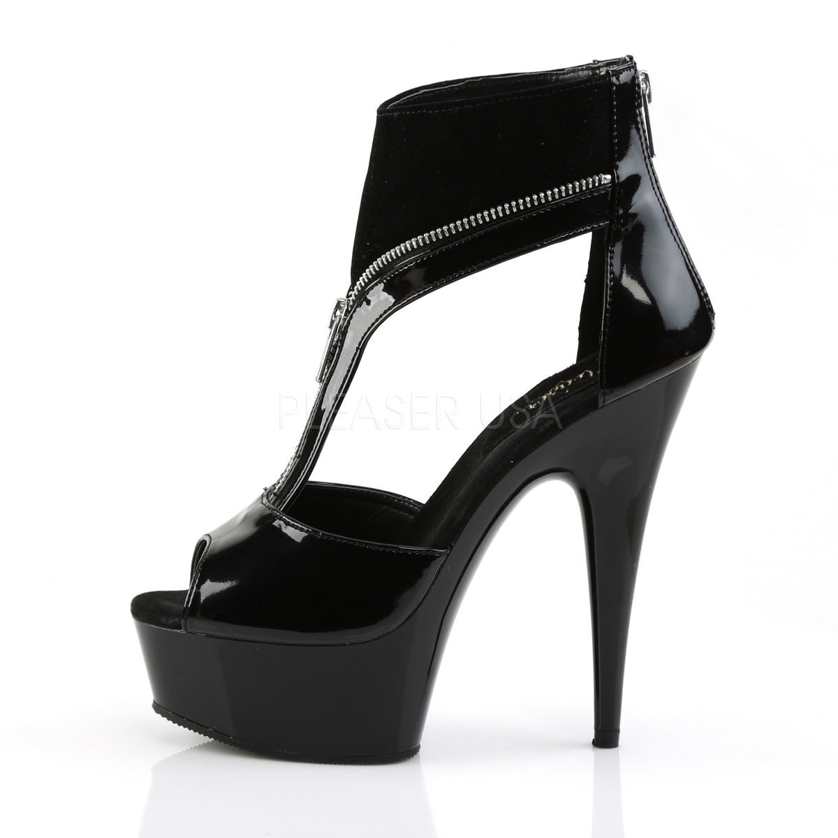 Pleaser DELIGHT-690 Black Patent-Nubuck Peep Toe T-Strap Sandals