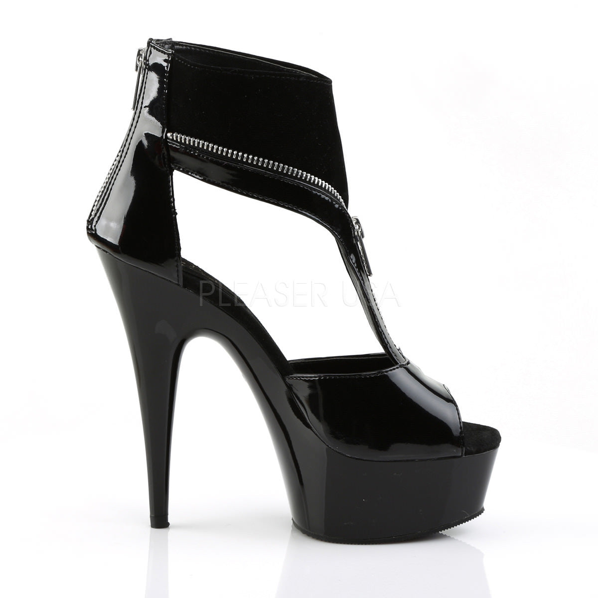 Pleaser DELIGHT-690 Black Patent-Nubuck Peep Toe T-Strap Sandals