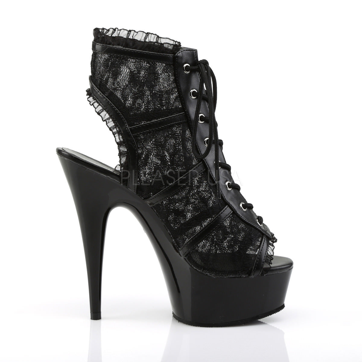 PLEASER DELIGHT-696LC Black Mesh-Lace-Black Open Toe Boots