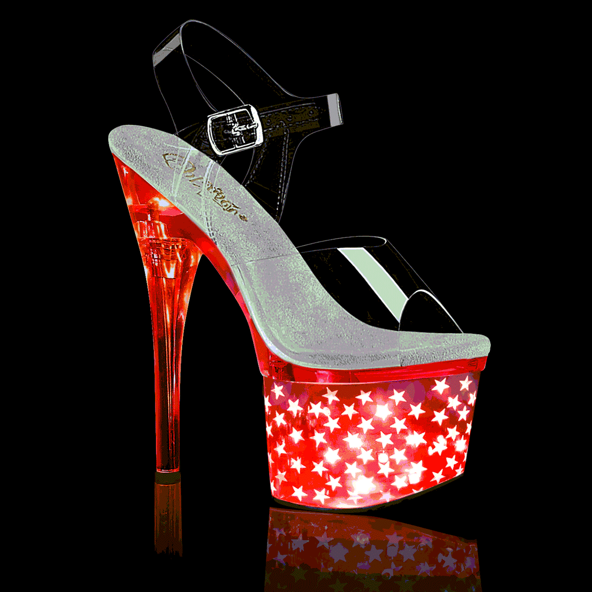 Pleaser DISCOLITE-708STAR Clear-Silver Chrome 7 Inch Heel, 3 Inch Platform LED Illuminated Ankle Strap Sandal
