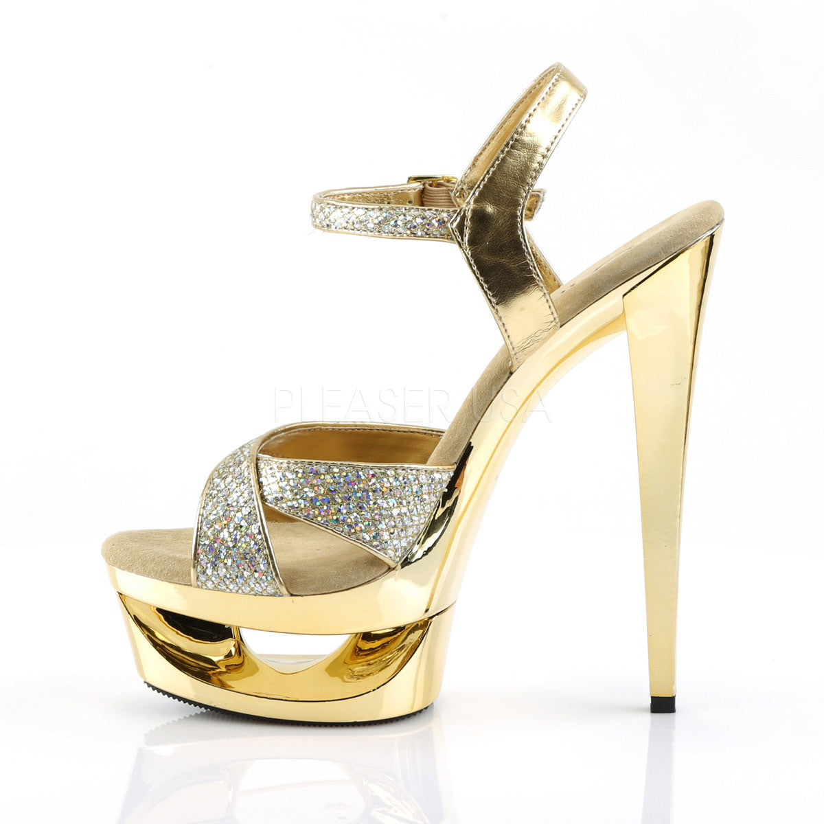 PLEASER ECLIPSE-619G Gold Multi Glitter-Gold Chrome Ankle Strap Sandals - Shoecup.com - 3