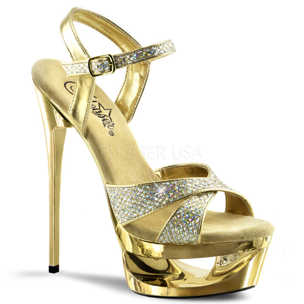 PLEASER ECLIPSE-619G Gold Multi Glitter-Gold Chrome Ankle Strap Sandals - Shoecup.com - 1