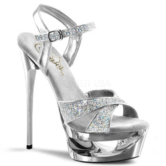 PLEASER ECLIPSE-619G Silver Multi Glitter-Silver Chrome Ankle Strap Sandals - Shoecup.com