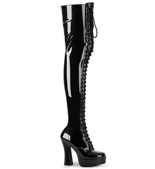 Pleaser ELECTRA-3023 Black Stretch Pat 5 Inch (127mm) Heel, 1 1/2 Inch (38mm) Platform Lace-Up Front Stretch Thigh High Boot, Full-Length Inside Zip Closure