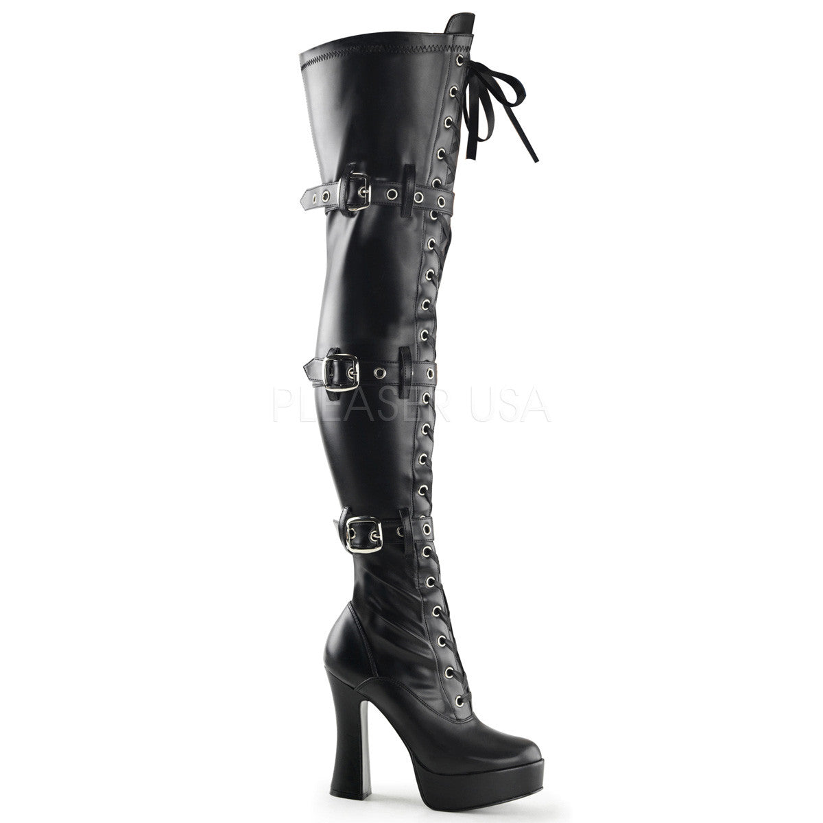 PLEASER ELECTRA-3028 Black Stretch Pu-Black Matte Thigh High Boots - Shoecup.com