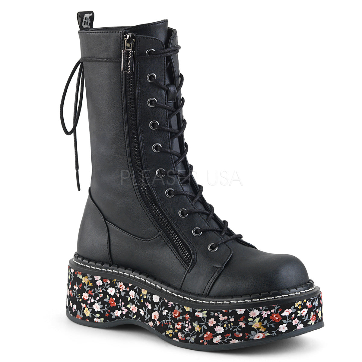 Demonia EMILY-350 Black 2" Floral Fabric Wrapped Platform Mid-Calf Lace-Up Boot With Outer Metal Zipper & Razor Blade Zipper Pull
