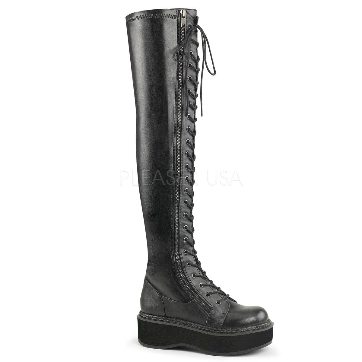 Demonia EMILY-375 Black Thigh-High Lace-Up Boots - Shoecup.com