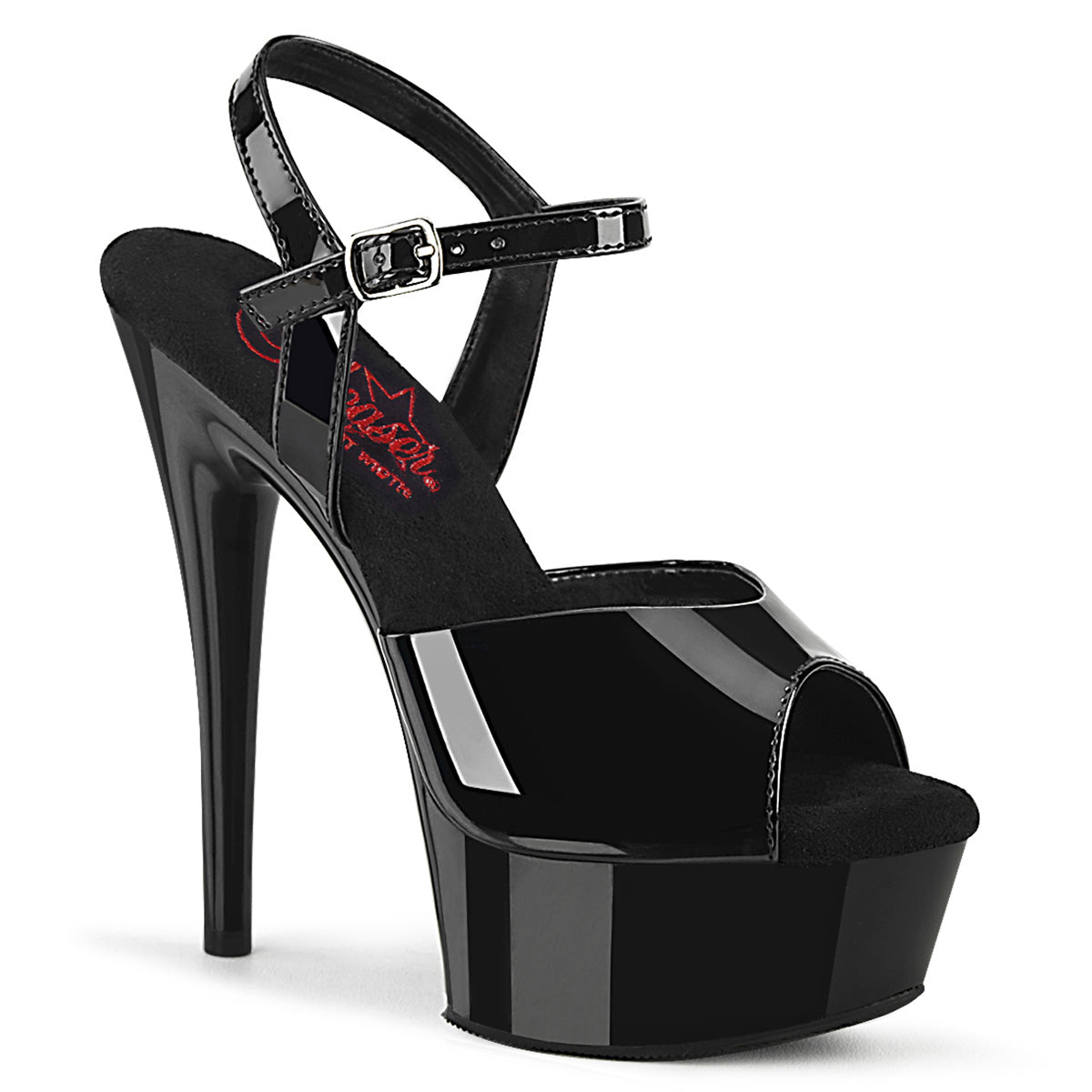 Pleaser EXCITE-609 Black Pat 6 Inch (152mm) Heel, 1 3/4 Inch (44mm) Platform Comfort Width Ankle Strap Sandal