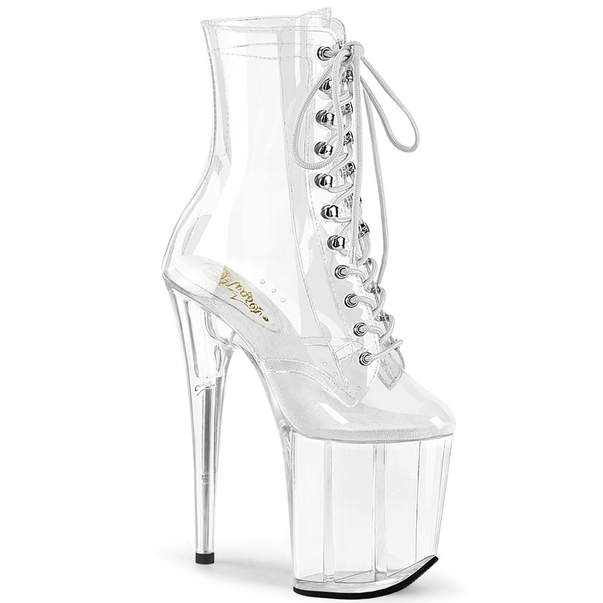 Pleaser FLAMINGO-1020C Clear 8 Inch (200mm) Heel, 4 Inch (100mm) Platform Lace-Up Front Ankle Boot