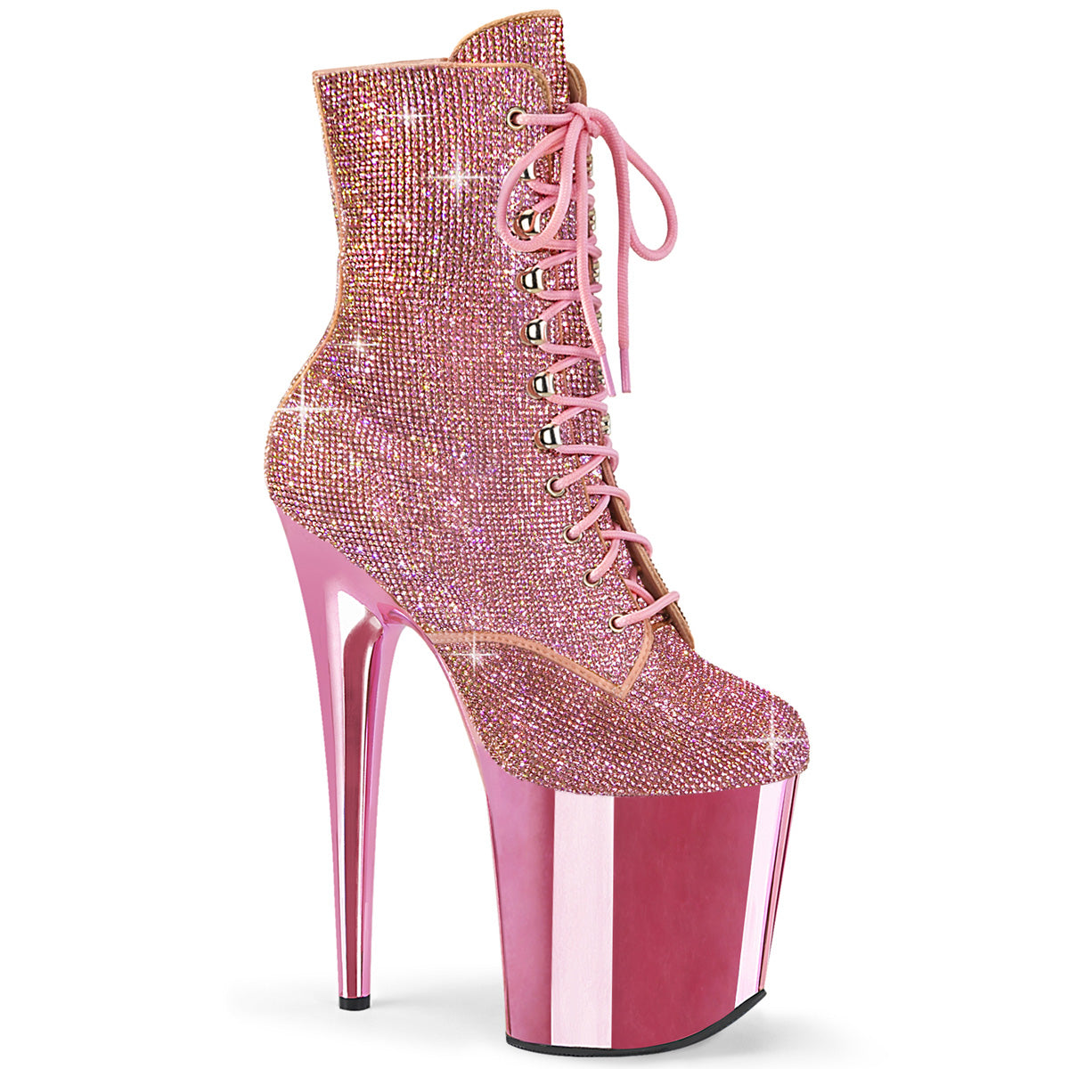Pleaser FLAMINGO-1020CHRS Baby Pink Rhinestone 8 Inch Heel , 4 Inch Platform Lace-Up Rhinestone Embellished Ankle Boot, Side Zip