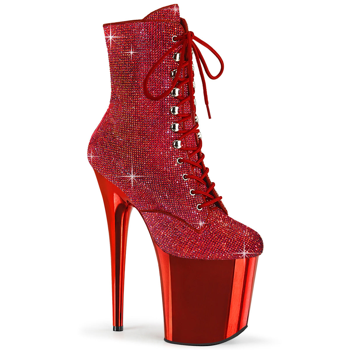 Pleaser FLAMINGO-1020CHRS Red Rhinestone 8 Inch Heel , 4 Inch Platform Lace-Up Rhinestone Embellished Ankle Boot, Side Zip