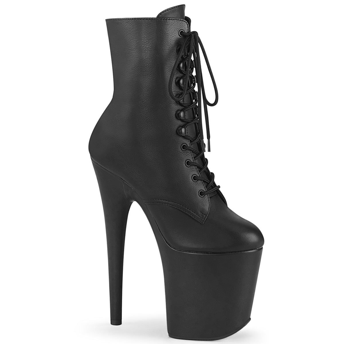 Pleaser FLAMINGO-1020LWR Black Leather 8 Inch (200mm) Heel, 4 Inch (100mm) Platform Lace-Up Front Ankle Boot, Inside Zip Cloxure