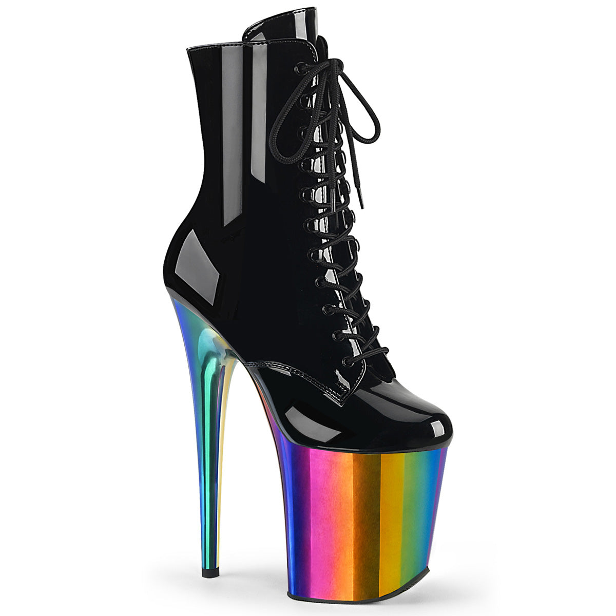 Pleaser FLAMINGO-1020RC Black Pat-Rainbow Chrome 8 Inch Heel, 4 Inch Chromed Platform Lace-Up Ankle Boot, Side Zip