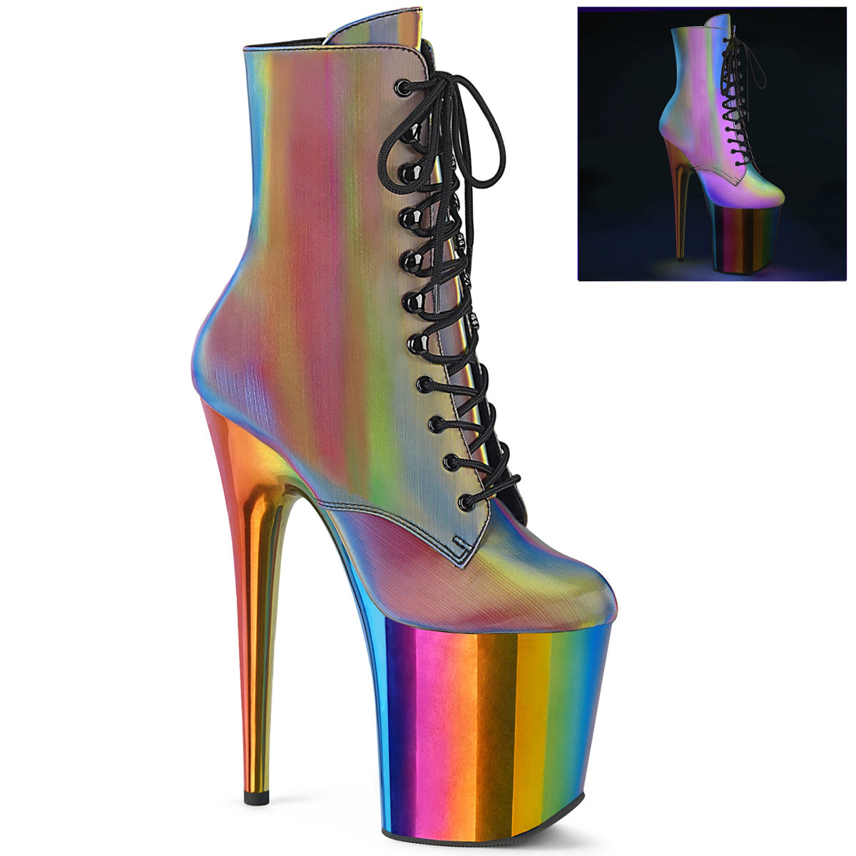 Pleaser FLAMINGO-1020RC Rainbow Reflective 8 Inch Heel, 4 Inch Chromed Platform Lace-Up Ankle Boot, Side Zip