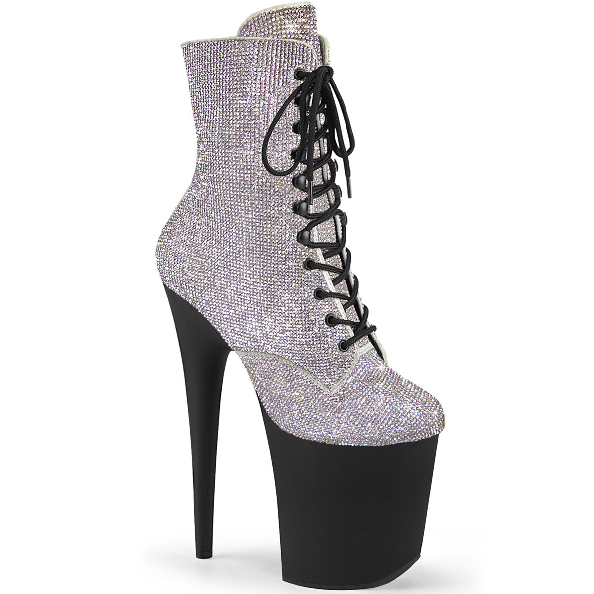 Pleaser FLAMINGO-1020RS Silver Rhinestone 8 Inch Heel , 4 Inch Platform Lace-Up Rhinestone Embellished Ankle Boot, Side Zip