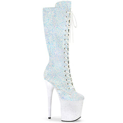 Pleaser FLAMINGO-2020MG White Multi Glitter 8 Inch Heel, 4 Inch Platform Lace-Up Front Knee Boot, Side Zip
