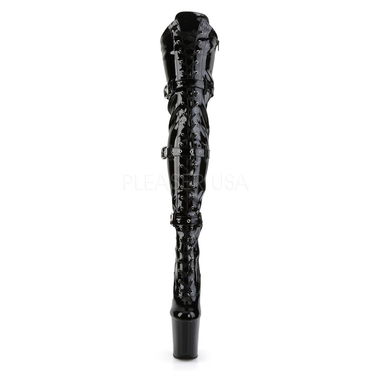 Pleaser FLAMINGO-3028 Black Stretch Pat Thigh High Boots