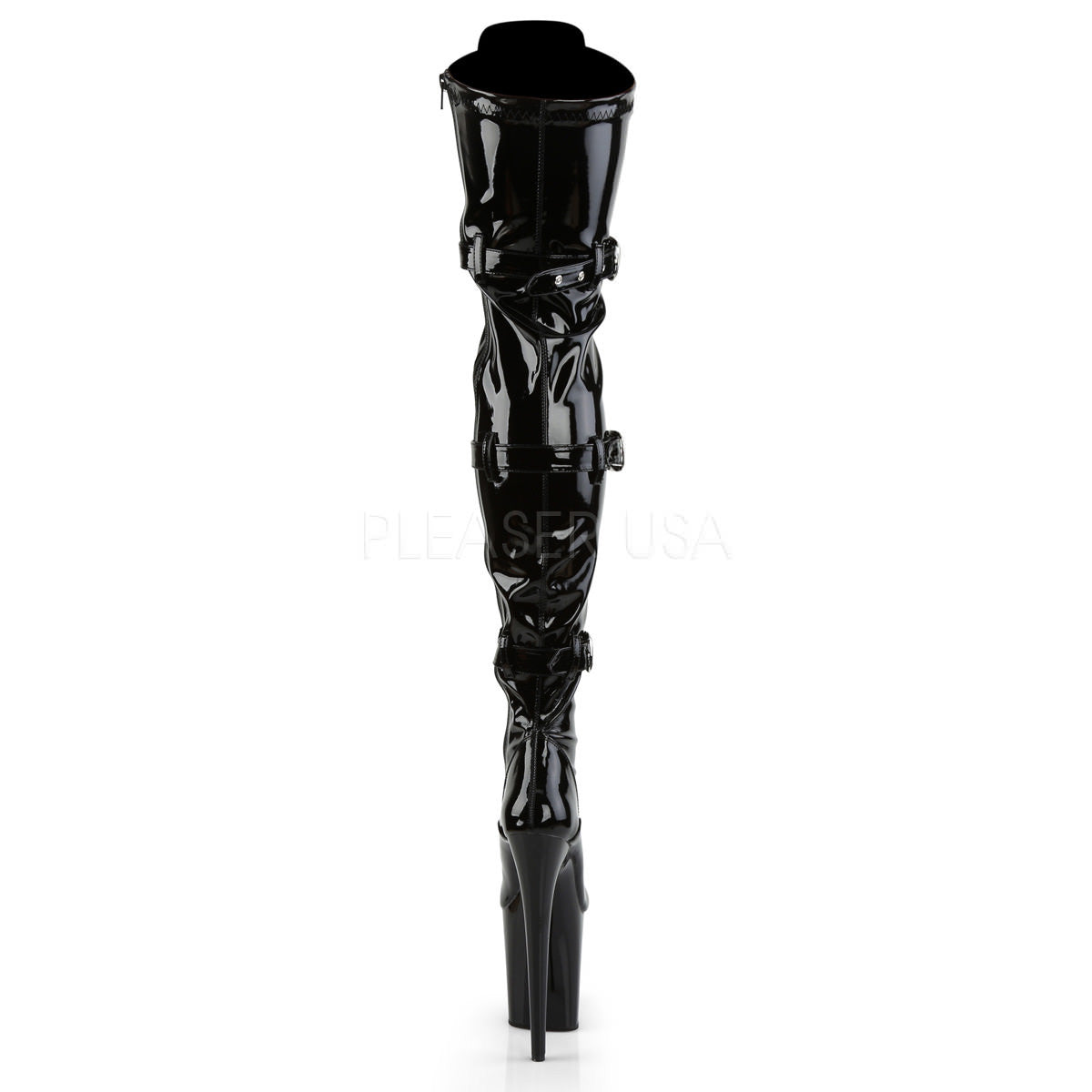 Pleaser FLAMINGO-3028 Black Stretch Pat Thigh High Boots