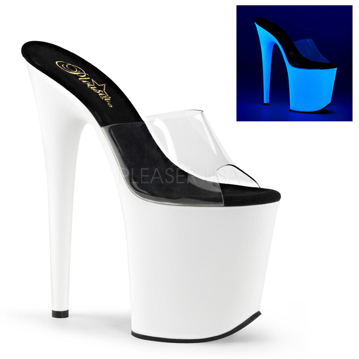 Pleaser FLAMINGO-801UV Clear Neon White Slides - Shoecup.com - 1