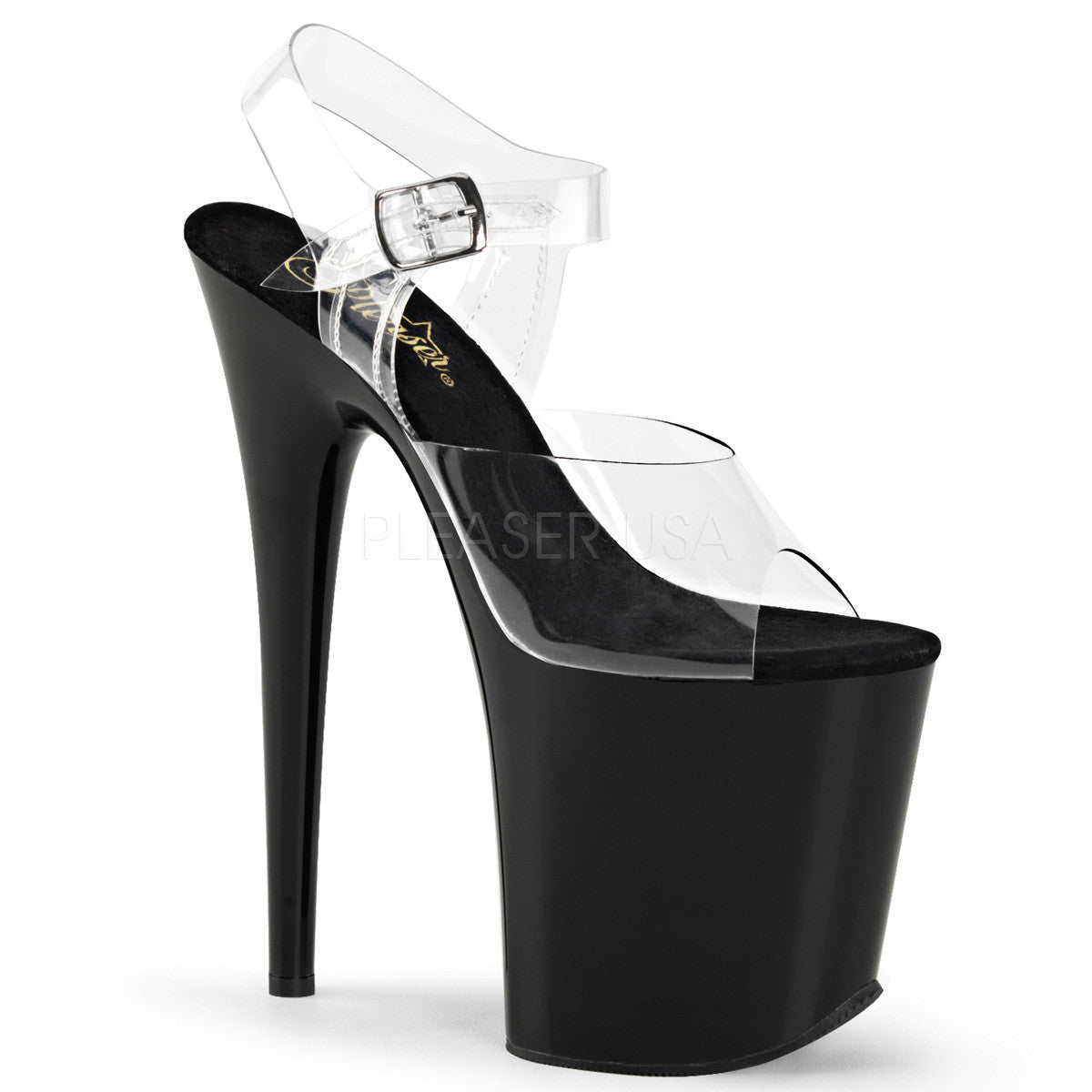 Pleaser FLAMINGO-808 Clear Ankle Strap Sandals With Black Platform - Shoecup.com