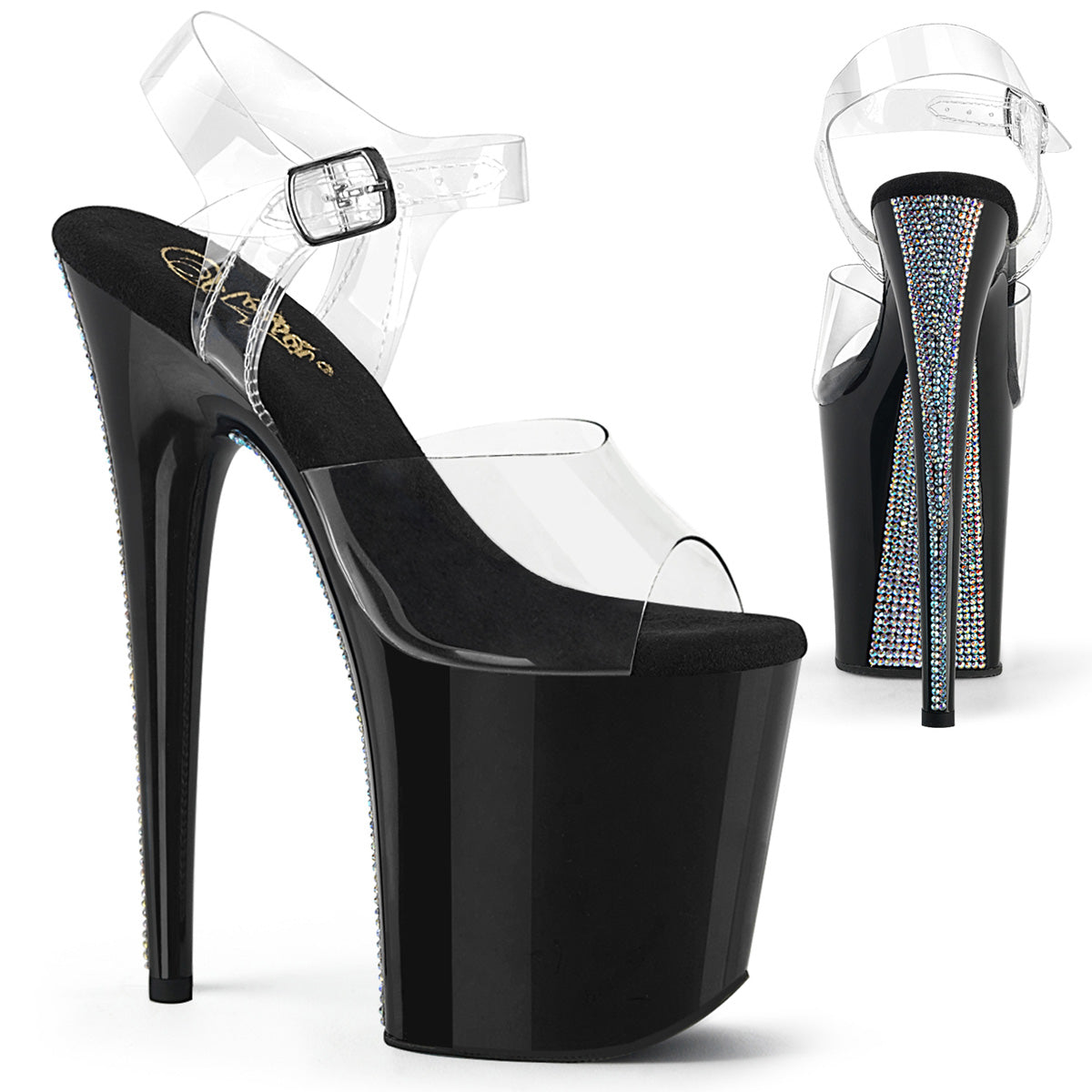 Pleaser FLAMINGO-808CRS-2 Clear-Black-Silver Rhinestone 8 Inch (200mm) Heel, 4 Inch (100mm) Platform Ankle Strap Sandal With  Contrast Rhinestones on the Platform Underside & Back of Heel