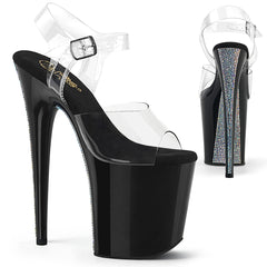 Pleaser FLAMINGO-808CRS-2 Clear-Black-Silver Rhinestone 8 Inch (200mm) Heel, 4 Inch (100mm) Platform Ankle Strap Sandal With  Contrast Rhinestones on the Platform Underside & Back of Heel