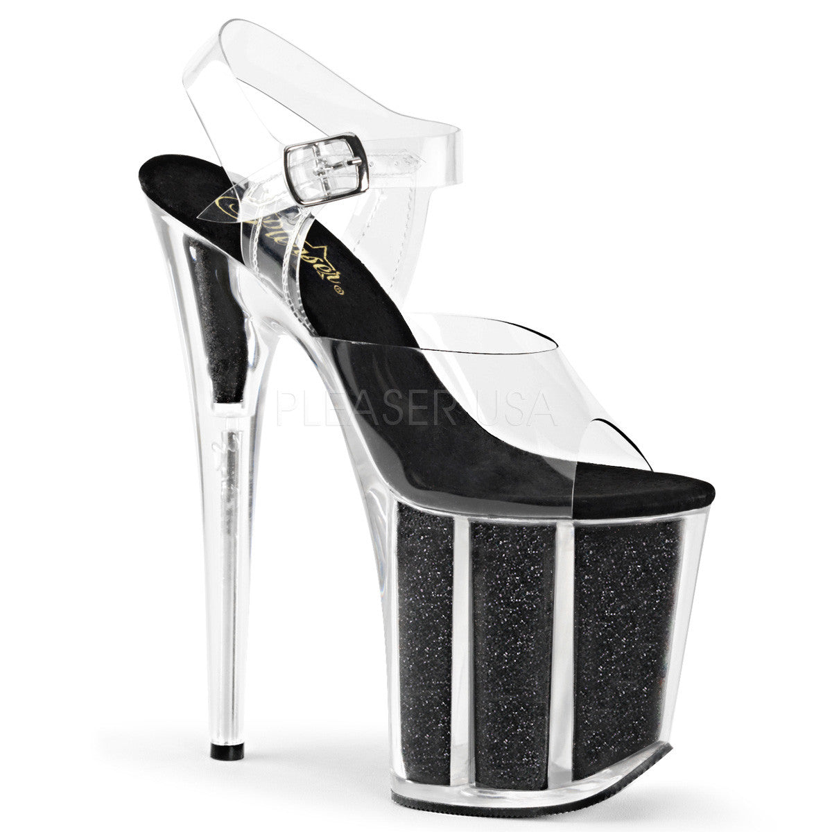 Pleaser FLAMINGO-808G Clear Ankle Strap Sandals With Black Glitter Platform - Shoecup.com - 1