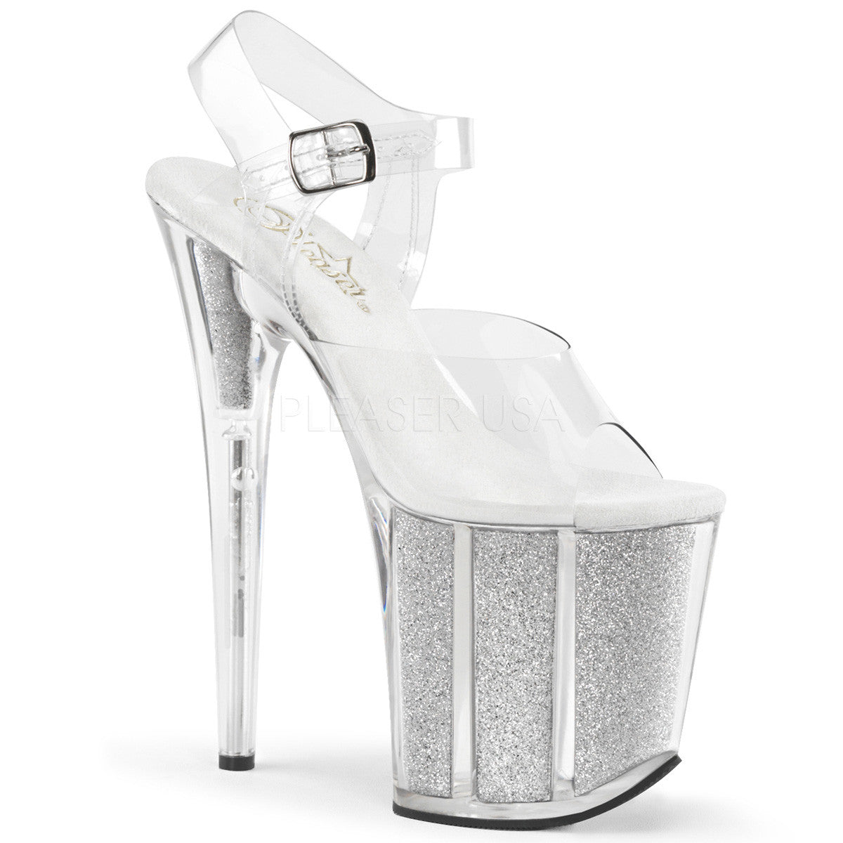 Pleaser FLAMINGO-808G Clear Ankle Strap Sandals With Silver Glitter Platform - Shoecup.com - 1