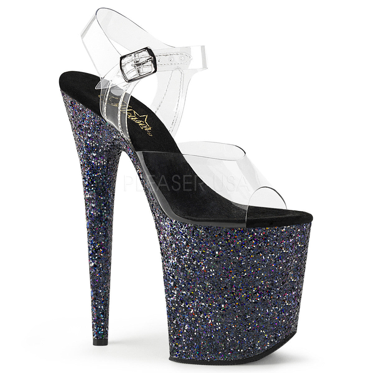 Pleaser FLAMINGO-808LG Black Holographic Glitter Ankle Strap Sandals - Shoecup.com - 1